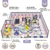 Equipo de Juegos Comercial para Interiores PAGODA con Temática Lavanda, Toboganes Azules, Zona de Arena, Carrusel, SLAP MUSIC, Tubo Espiral para Niños FEC