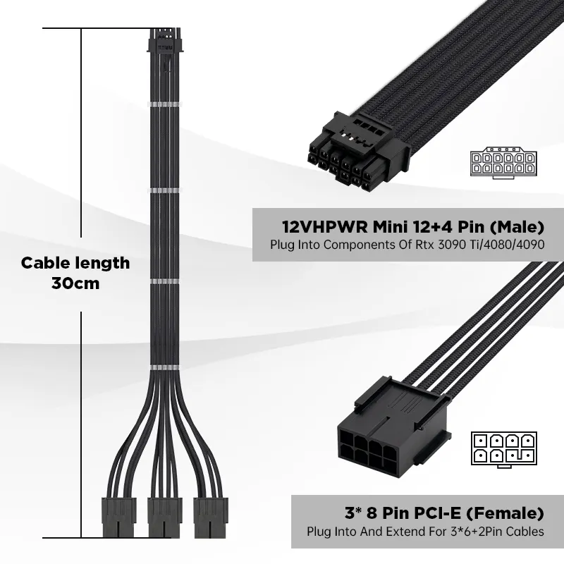 PCI-e personalizado 5,0 16 pines (12 + 4) a 3x8 pines macho a hembra 12VHPWR Cable de extensión con funda de ángulo de 180 grados para Geforce RTX 4070