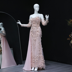 Elegante Abito <span class=keywords><strong>da</strong></span> Sera Blu con Fiori 3D e Piume Stile Sirena con Maniche Rosa per Matrimoni e Feste Lsz342-1 - Product Image 6