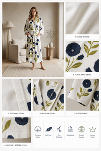Bata de baño de algodón con estampado floral para mujer, cuello en V, manga larga, transpirable, de longitud completa, estilo kimono, con pantalones y cinturón, conjunto envolvente para el hogar - Product Image 4