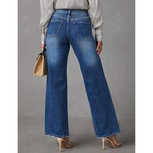 2025 2024 à la mode femmes Baggy jean respirant taille haute extensible Denim pantalon avec jambe large coupe ajustée - Product Image 3