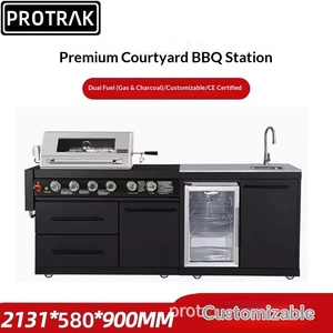 Barbecue au charbon de bois multifonctionnel moderne pour cour de villa, avec meuble de cuisine extérieur, table et panneaux muraux en bois massif - Product Image 2
