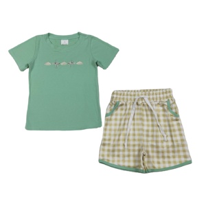 BSSO1684 RTS Boutique Baby boy <b>Green</b> plane cloudy embroidery Clothing Set summer Outfits Wholesale set - Product Image 1