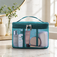 Sac de maquillage en maille personnalisé, transparent, avec poignée portable, double fermeture éclair, grande capacité, trousse de toilette de voyage pour femmes, étui de beauté cosmétique