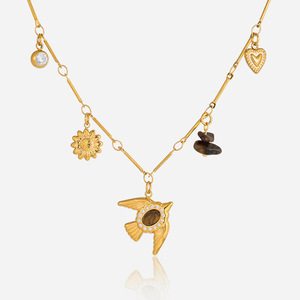 18K Gold Bird Pendant Necklace With Tiger Eye And Diamond Accents Everyday Wear Themed Animal Charm Jewelry - Product Image 1