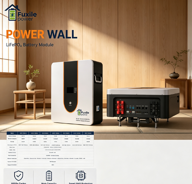 Fuxile LiFePO4 Wall-Mounted Energy Storage Battery 25.6V 100Ah-600Ah 2.56kWh-30.72kWh 5-10kW Hybrid/Off-Grid Residential Storage