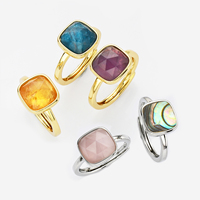 Bague ajustable en laiton plaqué or 18 carats avec pierre précieuse, citrine taille coussin et coquille d'ormeau, véritable pierre de naissance, pour femme - Vente en gros