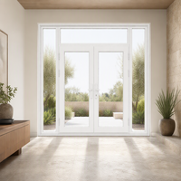Porte en PVC avec panneaux latéraux, porte en PVC avec transom en verre trempé, porte en PVC sur mesure pour projets de construction résidentielle