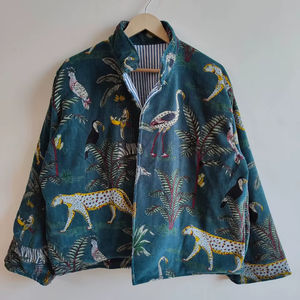 Blouson bomber en velours imprimé oiseau noir, réversible et respirant, écologique, rembourrage 100% coton, longueur courte, prêt pour l'hiver - Product Image 1