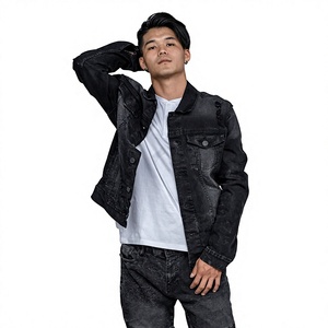 Veste en jean noire délavée pour homme, col rabattu, style décontracté, simple boutonnage, longueur standard, couleur unie, fermeture boutonnée, en promotion - Product Image 1
