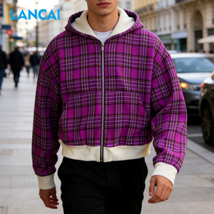 Lancai Hoodie Manufacture Custom 100% Cotton Color Block Embroidery Logo Streetwear Plaid Flannel Patchwork Spliced Heavyweight - Product Image 3