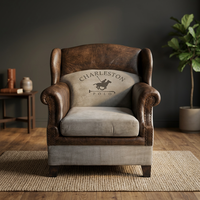 Fauteuil Charleston Polo Chesterfield en cuir véritable, style traditionnel, pour salon, avec pieds en bois