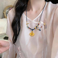 Collier pendentif en agate rouge de style chinois, chaîne en corde tressée faite à la main, unisexe, vintage