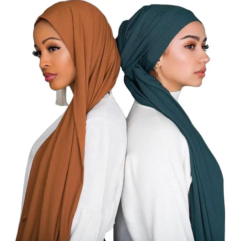 Baru Sweatcloth katun panjang syal Muslim Hijab Fashion warna Solid ikat kepala lipit syal wanita