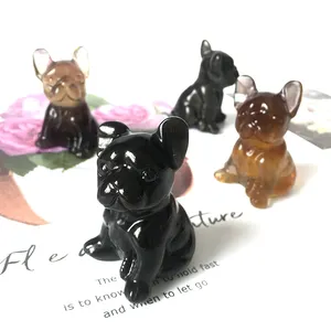 Grosir Kualitas Tinggi Ukiran Kristal Seni Scupture Batu Permata Patung Hewan Bulldog Prancis Fluorite Obsidian Anjing