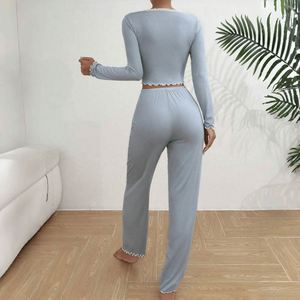 New <b>Women</b> Home Clothes Pajamas Long Sleeve <b>Trousers</b> Slim-Fit Lace Long Home Suit Soft 2Pcs Pajama Set - Product Image 3