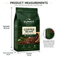 Sachet d'emballage pour grains de café à fond plat avec valve de dégazage unidirectionnelle, en feuille d'aluminium haute barrière de qualité alimentaire, imprimé sur mesure et refermable à fermeture éclair