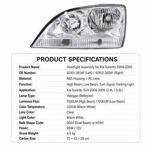 Phare avant 12V avec lentille PC transparente de remplacement pour Sorento 2.4L 3.5L 2004-2005, référence OE 92101-3E040 92102-3E040, installation directe Plug & Play - Product Image 4