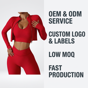 Women Premium Red Ribbed Three Piece Yoga Set with Long Sleeve Zip Jacket V Neck Sports Bra and <b>Cross</b> V High Waist Leggings - Product Image 3
