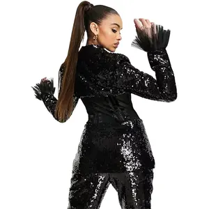 Настраиваемый высококачественный прозрачный корсет, женский черный блестящий костюм блейзера с расклешенными манжетами