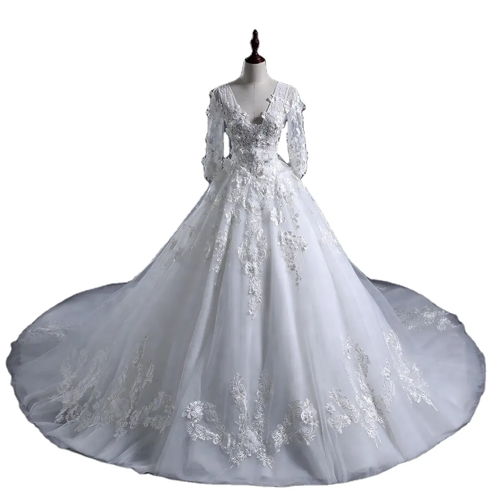Бальное платье принцессы, Брендовое кружевное платье-трапеция с V-образным вырезом, бисером, шлейфом, длинными рукавами, роскошное свадебное платье с иллюзией, 18
