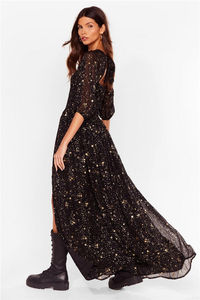 2023 Ladies Black <strong>Star</strong> Print Mesh Square Collar Puff Sleeves Smocked Long Slit Maxi <strong>Dress</strong> for Party - Product Image 4