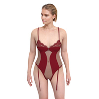 Ensemble de lingerie sexy transparente style mature 2024, body brodé à la machine en Spandex/Nylon fin, bas et porte-jarretelles personnalisables