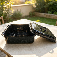 Plat de cuisson rectangulaire en acier émaillé noir moucheté de 32 cm pour camping, avec grille, idéal pour four et cuisson en extérieur
