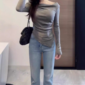 Women's Irregular Knit <b>Top</b> Asymmetry Draped Neck Off Shoulder Long Sleeve Soft Polyester Gray Black Spring Autumn Inner <b>Layer</b> - Product Image 2