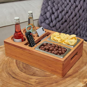 Wohnzimmer individueller Bambus Couch-Tasse Halter Snack-Tablett mit abnehmbarem Deckel Snack-Tasche Couchkonsole Caddy Bar Tray <span class=keywords><strong>Couchbar</strong></span> - Product Image 1