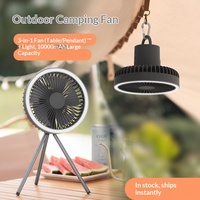 Ventilateur sur trépied portable électrique de bureau avec lumière LED, 3 vitesses, autonomie de 27h, batterie 8000mAh, minuterie 5h, 3 pieds