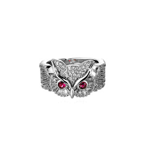 Anello Personalizzato Hip Hop Placcato Oro 14K a Forma di Gufo in Ottone con Zirconi Cubici e Occhi Rossi per Uomo - Product Image 3