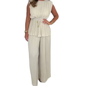 Femmes col rond couleur unie haut sans manches <span class=keywords><strong>pantalon</strong></span> droit plissé décontracté 2 pièces ensemble Sehe mode - Product Image 6