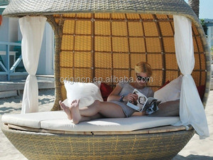 Meubles de jardin d'extérieur en rotin de forme ronde tropicale, lit de soleil en forme de cocon avec auvent - Product Image 2