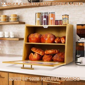 Armoire à pain double couche en bambou avec fenêtre transparente, boîte de rangement de bureau anti-poussière pour aliments et articles divers de cuisine - Product Image 2