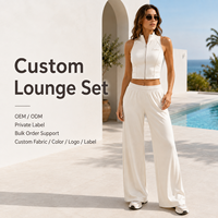 Op maat gemaakte dames sleeveless zip crop matching pak zachte gebreide wijde pijpen broek OEM ODM privélabel voor thuis en vrije tijd