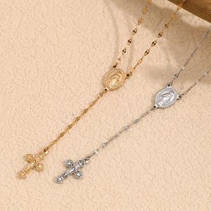 Collier avec pendentif en forme <span class=keywords><strong>de</strong></span> croix gravée <span class=keywords><strong>de</strong></span> la Vierge <span class=keywords><strong>Marie</strong></span>, plaqué or 18 carats, bijoux en acier inoxydable sans ternissement - Product Image 2