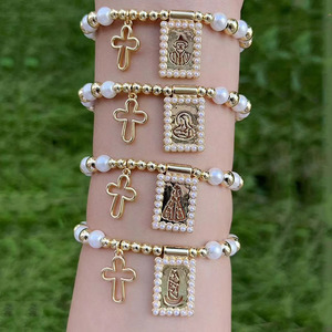 BB1058 Chic cuentas <span class=keywords><strong>de</strong></span> bola chapadas en oro <span class=keywords><strong>de</strong></span> 18 quilates y cuentas <span class=keywords><strong>de</strong></span> perlas Virgen María Carmel corazón asustado y pulseras <span class=keywords><strong>de</strong></span> escapularios con <span class=keywords><strong>abalorios</strong></span> <span class=keywords><strong>de</strong></span> Cruz abierta - Product Image 1