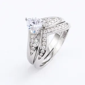 7.0mm Heart-Shaped Lab-Created White Sapphire Bridal Set Ring in Sterling Silver and White Gold Plated