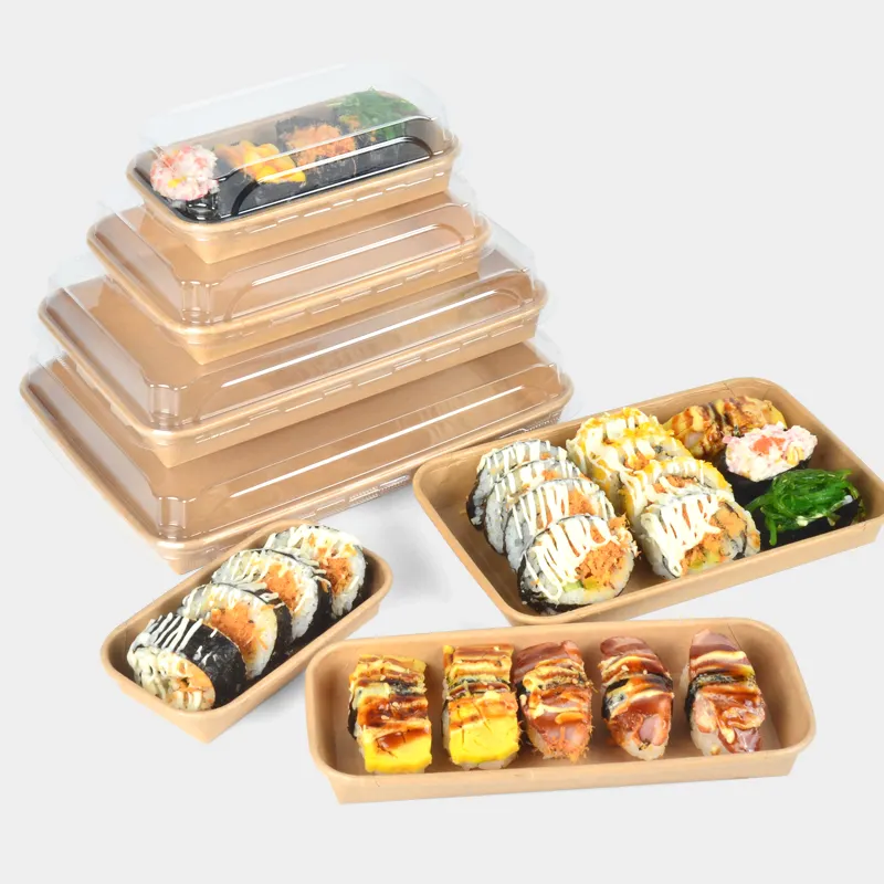 Recipiente descartável biodegradável feito sob encomenda para embalagens de alimentos, papel Kraft, bandeja para barco de sushi com tampas