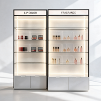 Lemari pajang parfum kaca kayu oak hitam dengan rangka logam hitam, langsung dari pabrik, bersertifikasi CE ETL, dilengkapi kotak lampu LED dan kabinet display kosmetik.