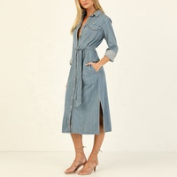Robe en jean à la mode Robe à manches longues avec ceinture à revers de qualité pour femmes Robe mi-longue décontractée à simple boutonnage