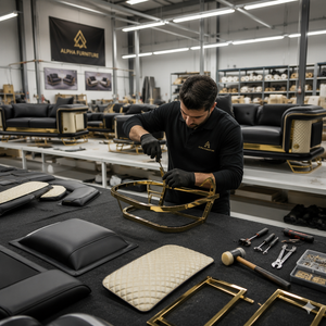 Juego de Sofás Modernos de Lujo, Sofá de Cuero Negro con Patas Angulares de Metal Dorado y Cojines con Acentos Geométricos - Product Image 5