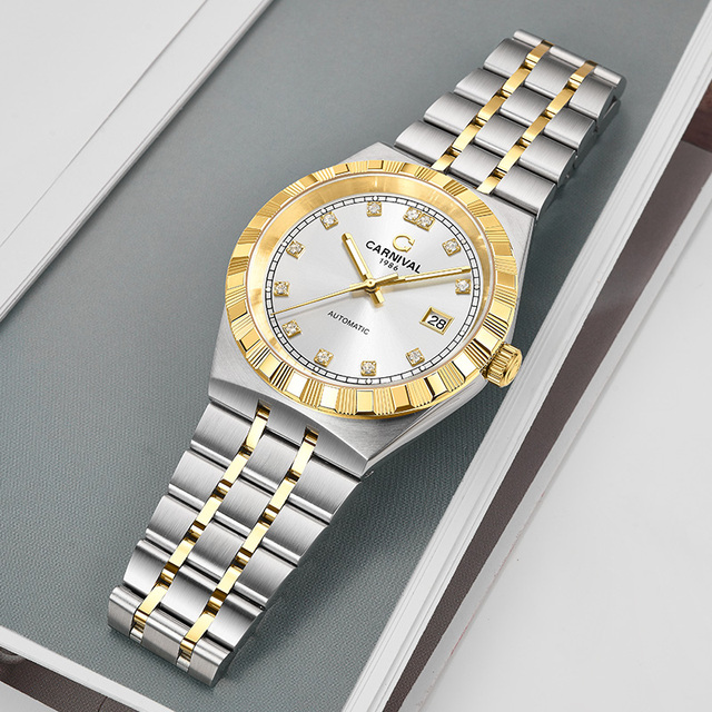 CARNIVAL Luxury Fashion & Business Stainless Steel Mechanical Watch 50m Seiko NH35 Water Resistance Butterfly Clasp Date Display