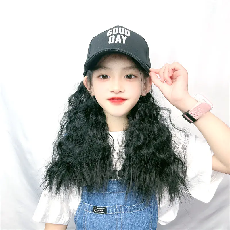 Winter Natural Long Wavy Straight Curly Hat Wig Synthetic Hair Attached Adjustable Girl Baseball Wig Hats for Child
