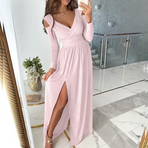 Vestido de punto elástico de manga larga con cuello en V y abertura lateral para mujer, estilo midi, ideal para Dropshipping en Shopify - Product Image 4