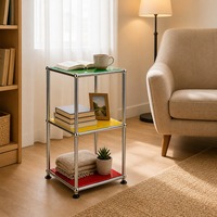 Table basse en verre fonctionnelle et peu encombrante avec cadre en métal à revêtement électrostatique thermodurcissable, mobilier modulaire