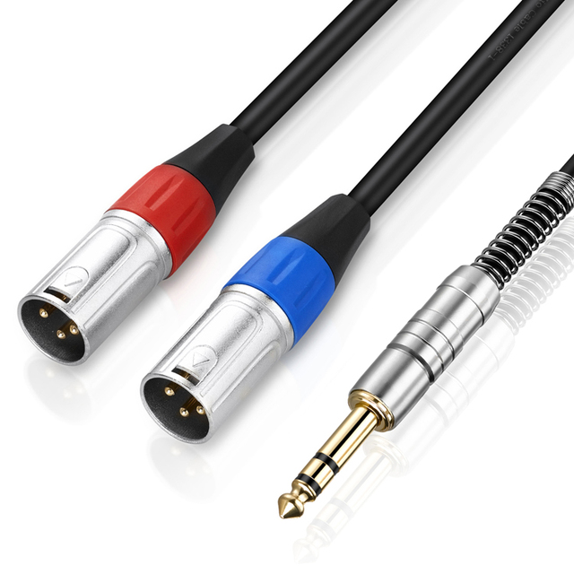Bochara Gold Plated 1/4'' TRS 6.35mm Stereo Jack to Dual XLR Male OFC Audio Cable Foil+Braided Shielded for Speakers Amplifier