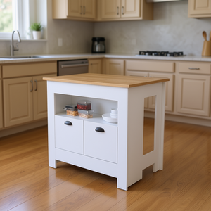 Carrello da cucina bianco a 2 ante con ripiano aperto e piano in legno, design moderno - Product Image 2