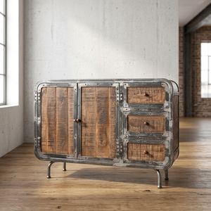 Muebles de Salón de Estilo Industrial Vintage, Madera de Mango India Sólida y Antigua, Acabado Rústico, para Casas de Campo o Apartamentos, 3 Cajones, 4 Niveles - Product Image 3